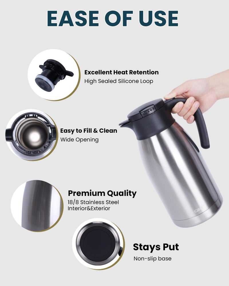 GiNT 64Oz Thermal Coffee Carafe, Insulated Stainless Steel Coffee Carafes for Keeping Hot/Double Walled Vacuum Thermal Carafe (Silver, 1.9L) - Image 4